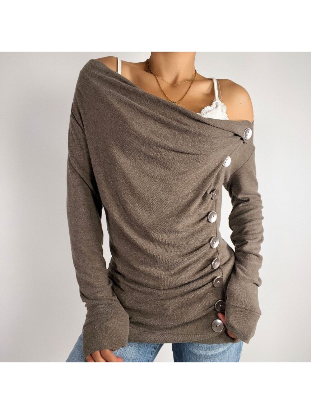 Womens Y2K Taupe Bohemian Classy Ruched Button Off-Shoulder Sweater Top / Small